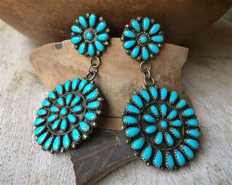 Turquoise Cluster Dangle Earrings Native American Indian Jewelry