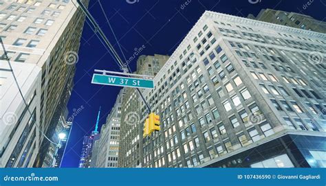 Street Level View Of New York Skyscrapers At Sunset Stock Photo Image