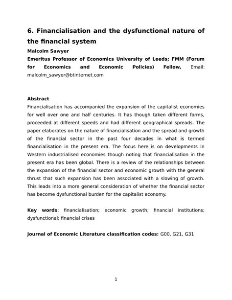 Pdf Financialisation And The Dysfunctional Nature Of The Financial System