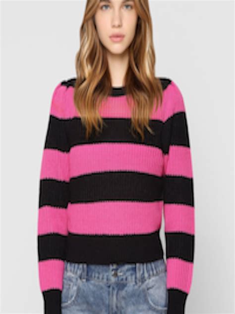 Buy Only Women Black And Pink Striped Pullover Sweater Sweaters For