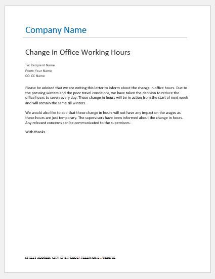 Office Hours Change Notification To Employees Word And Excel Templates