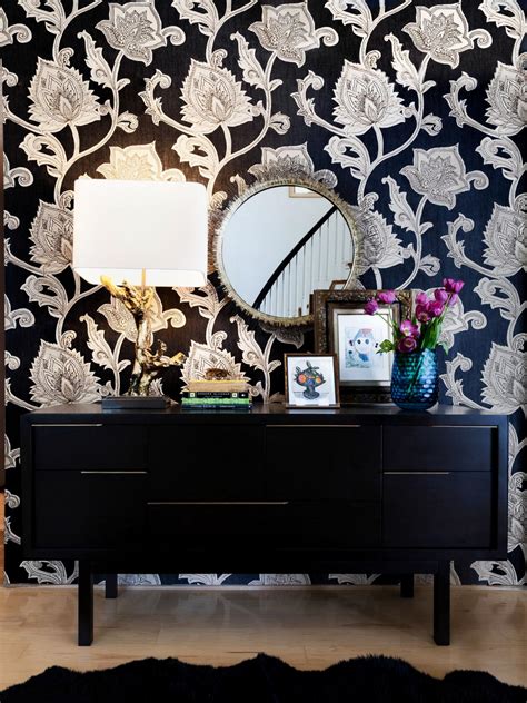 Eclectic Foyer With Graphic Black And White Floral