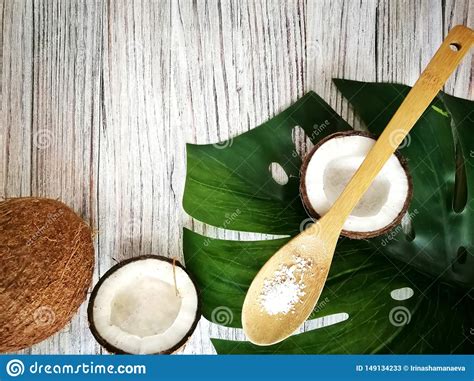 Coconut Oil Tropical Leaves And Fresh Coconuts Stock Image Image Of