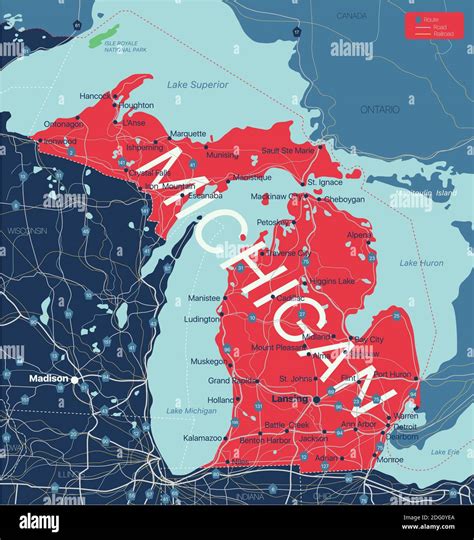 Michigan State Detailed Editable Map With Cities And Towns Geographic