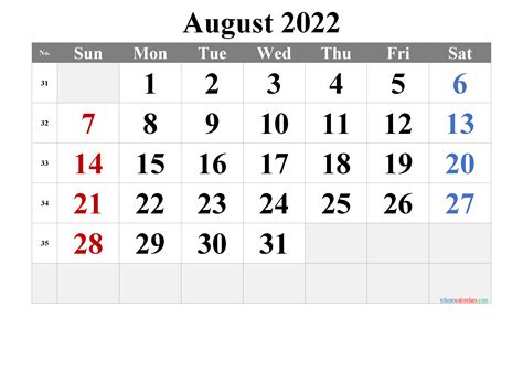 Printable August 2022 Calendar Word Template Notr22m32