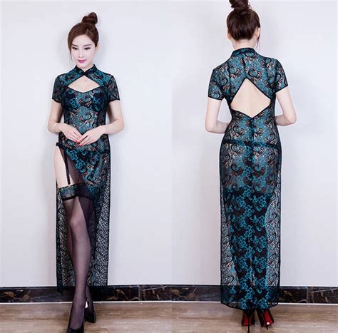 exclusive design retro sexy long cheongsam dress skirt peacock feathers erotic lingerie set