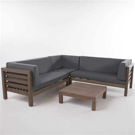 argentine 4 piece outdoor wooden sectional set with cushions grey