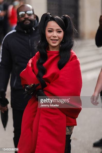 Bella Poarch Wearing A Red Coat Outside Loréal On October 03 2021