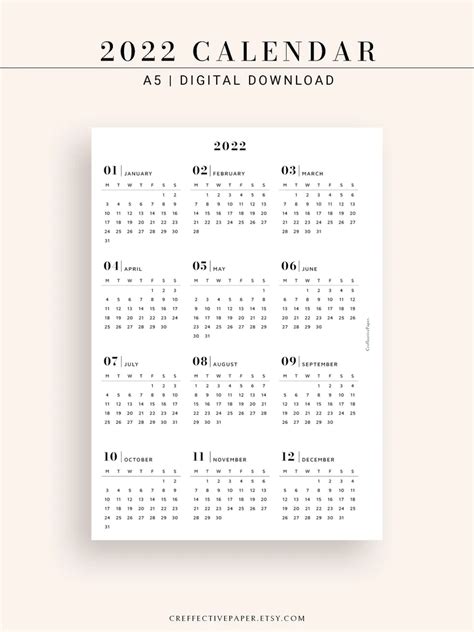 2022 Yearly Calendar Printable Template Year At A Glance Etsy Goals