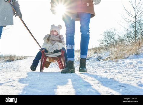 Parents Pull Child With Sled In The Snow While Walking In The Park In