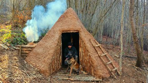 Building A Hunter Lodge With A Fireplace Bushcraft Shelter From Wood