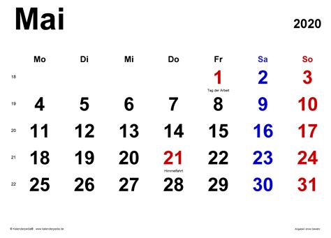 Kalender Mai 2020 Als Excel Vorlagen