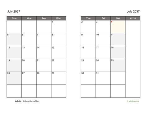 July 2037 Calendar On Two Pages