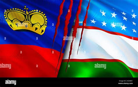 Liechtenstein And Uzbekistan Flags With Scar Concept Waving Flag 3d Rendering Uzbekistan And
