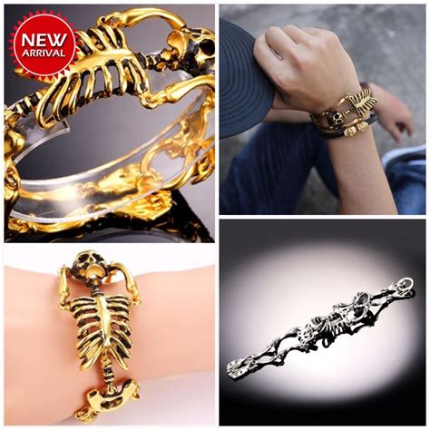 U7 Skull Bracelet Big Skeleton Bones Statement Punk Jewelry Gold Color