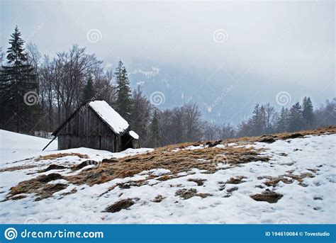 Wooden Shelter On Mountains Meadow With Trees In Background In Winter