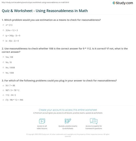 Quiz And Worksheet Using Reasonableness In Math