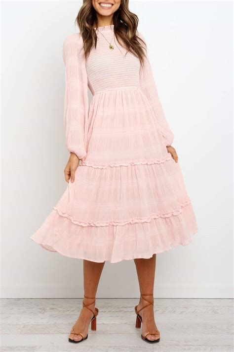 Long Sleeves Elasticised Waist Shirred Bodice Midi Pink Dress