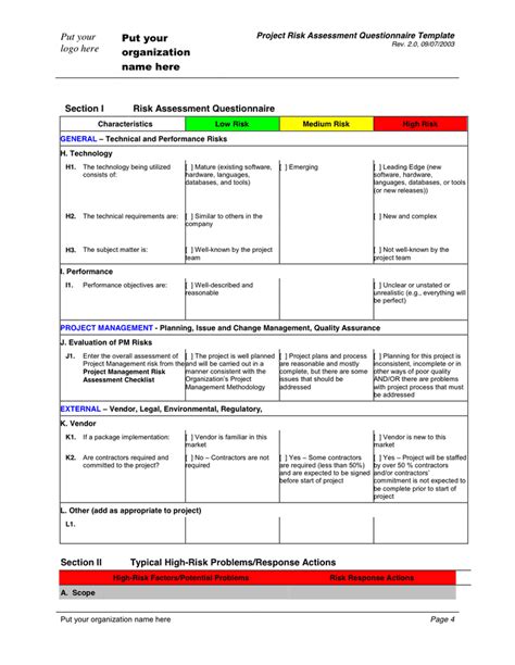 Risk Assessment Questionnaire Template In Word And Pdf Formats Page