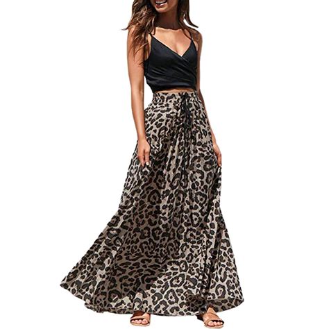 Leopard Print Long Drawstring Pleated High Waist Bohemian Maxi Skirt