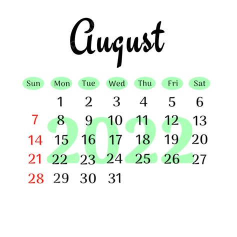 Calendar August White Transparent Simple Calendar August 2022 With