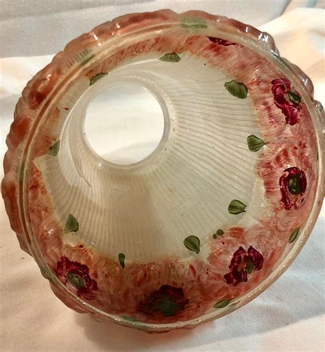 Antique Victorian Frosted White Glass Lamp Shade With Hand Painted Rose Pink Flowers