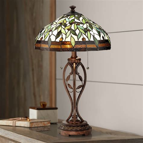 Tiffany Style Table Lamp Traditional Bronze Leaf And Vine Glass For