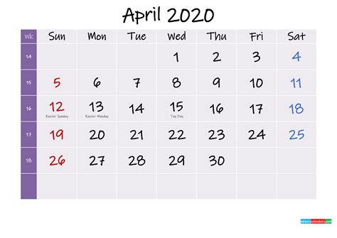 Printable April 2020 Calendar Pdf Template K20m304