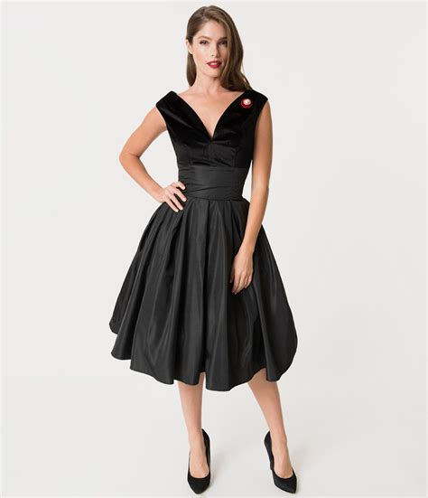 Unique Vintage 1950s Style Black Velvet And Taffeta Evie Swing Dress