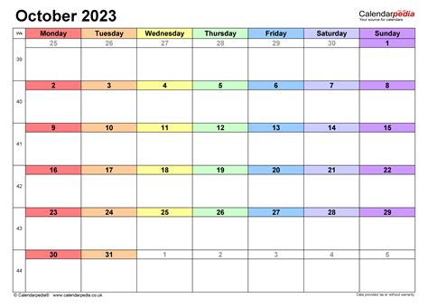 Calendar October 2023 Uk With Excel Word And Pdf Templates