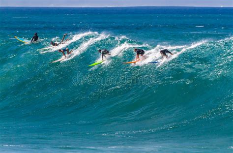 Waimea Bay Hi Surfers Riding A Wave Editorial Image Image Of Board