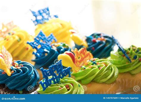 8 Multicolored Happy Birthday Cupcakes Rimmed With Pastel Confetti Sprinkles Stock Image Image
