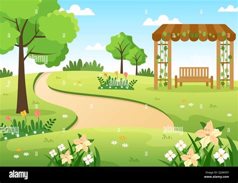 Beautiful Garden Cartoon Background Illustration With A Landscape