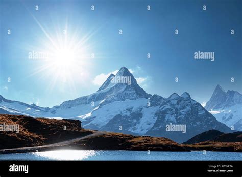 Bachalpsee Lake In Swiss Alps Mountains Snowy Peaks Of Wetterhorn