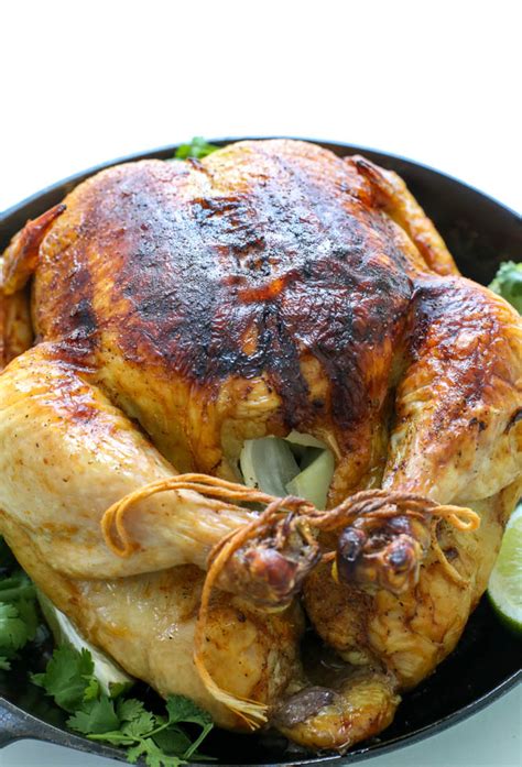 Remove the chicken from the oven and let rest for 10 minutes in the pan. Whole Roasted Mexican Chicken with Chipotle, Lime and Cilantro