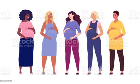 Set Of Beautiful Pregnant Women Hugging Their Big Bellies Illustration
