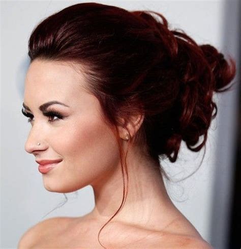 Demi Lovato Hairstyles Romantic Updo Deep Auburn Hair Dark Red Hair