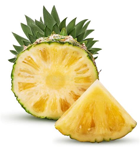 Pineapple Fruit Cut In Half And Slice With Green Leaves Stock Photo