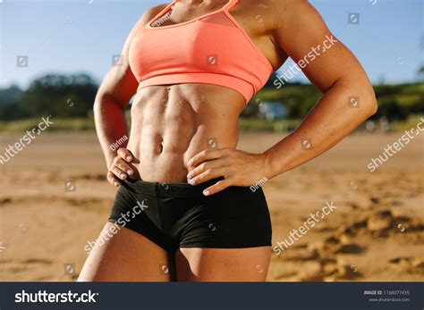Close Shredded Fitness Woman Abs Beach Stock Photo