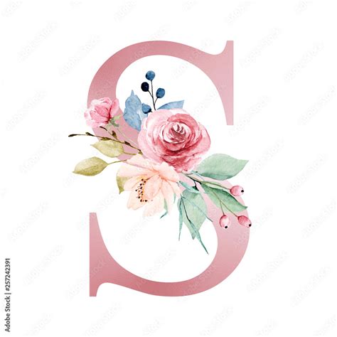 Floral Alphabet Letter S With Watercolor Flowers And Leaf Monogram
