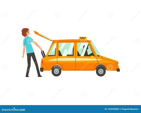Servicio Del Taxi Hombre Que Pone El Equipaje En El Ejemplo Del Vector