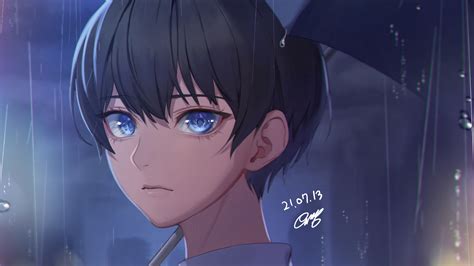 Blue Eyes Anime Boy Under Umbrella Rain Background 4k Hd Anime Boy