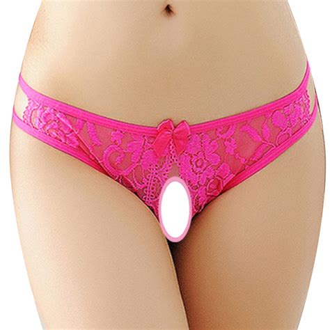 Pfysire Women Sexy Lace Crotchless Thongs Low Rise Briefs Panties Rose Red One Size