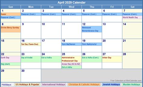 April 2029 Calendar With Holidays As Picture