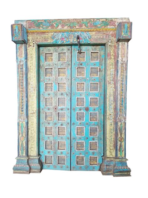 Antique Indian Om Blue Teak Haveli Doors Iron Nails Floral Carved Frame