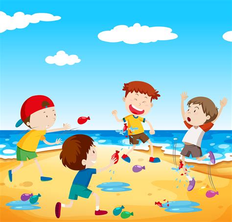Des enfants heureux jouent au ballon à la plage Art vectoriel chez Vecteezy