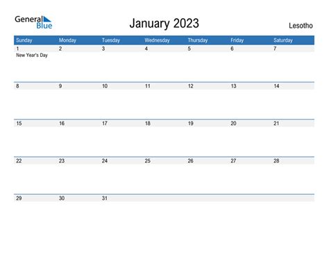 January 2023 Calendar With Lesotho Holidays