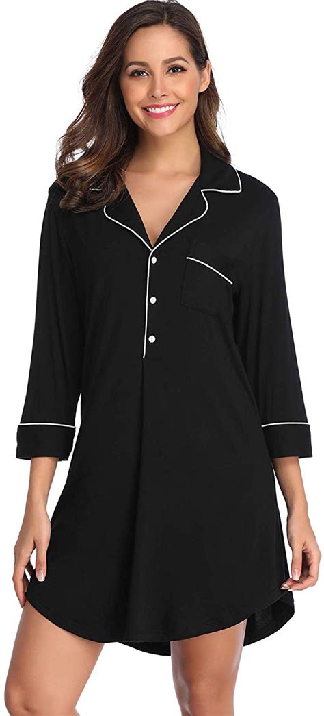 Lusofie Nightgowns For Women Boyfriend Style Sleepshirt Lapel Collar