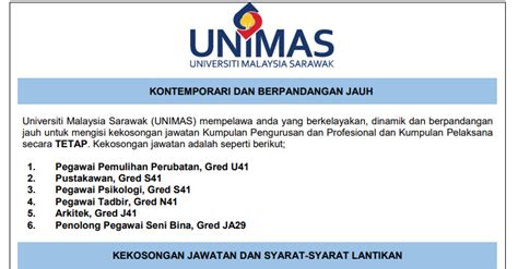 Permohonan adalah mestilah berumur tidak kurang. Jawatan Kosong di Universiti Malaysia Sarawak (UNIMAS ...