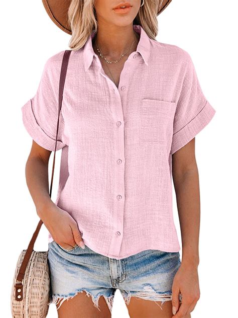 Women Cotton Linen Blouse Summer Solid Color Short Sleeve Lapel Neck